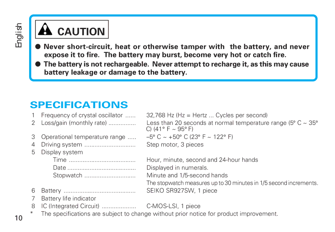 Seiko Y187 manual Specifications 