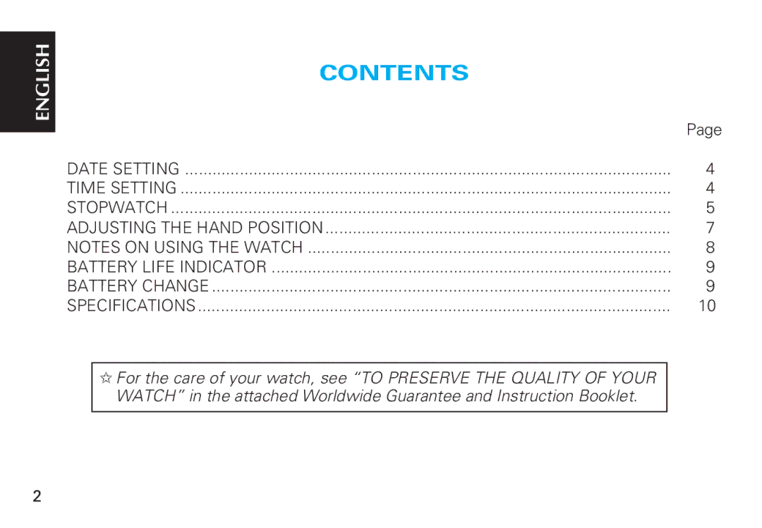 Seiko Y187 manual Contents 