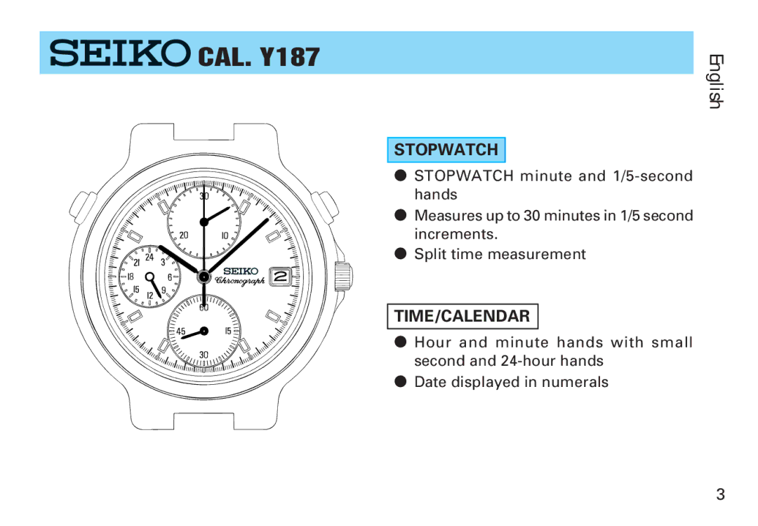 Seiko Y187 manual Stopwatch, Time/Calendar 