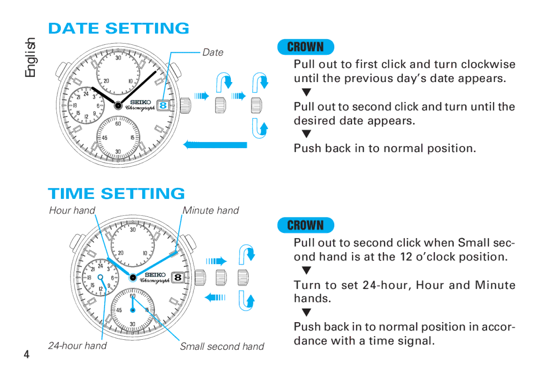 Seiko Y187 manual Date Setting, Time Setting, Crown 