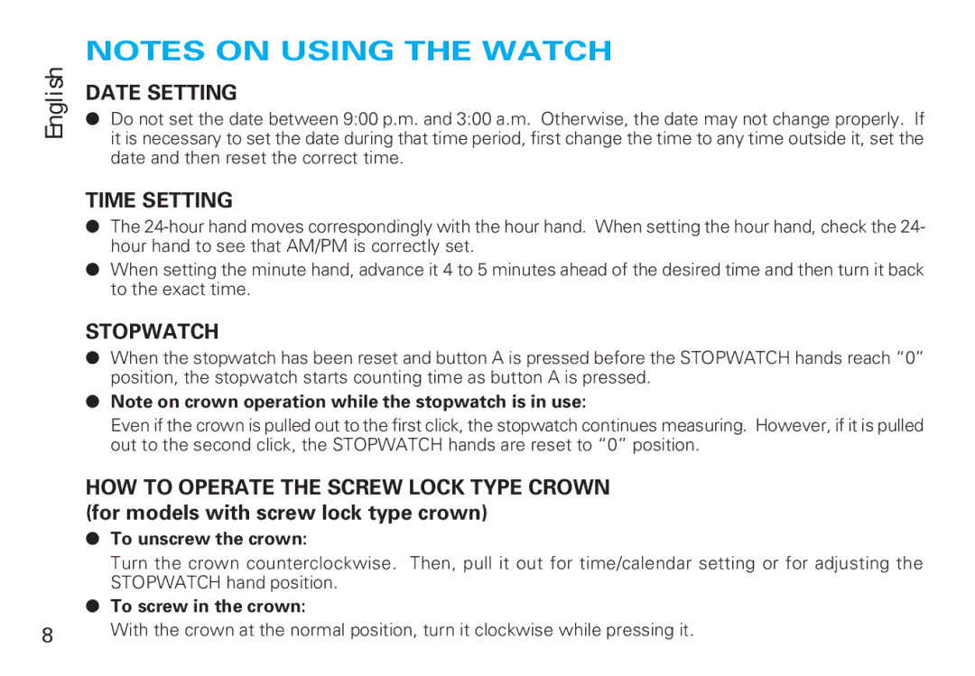 Seiko Y187 manual Date Setting, Time Setting 