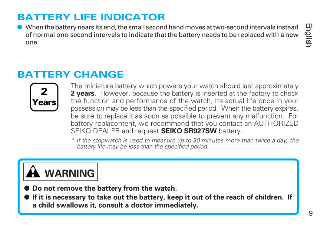 Seiko Y187 manual Battery Life Indicator, Battery Change 