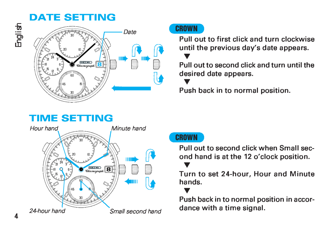 Seiko Y187 manual Date Setting, Time Setting, Crown, English 