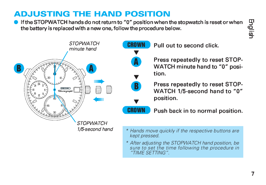 Seiko Y187 manual B A, Adjusting The Hand Position, English 