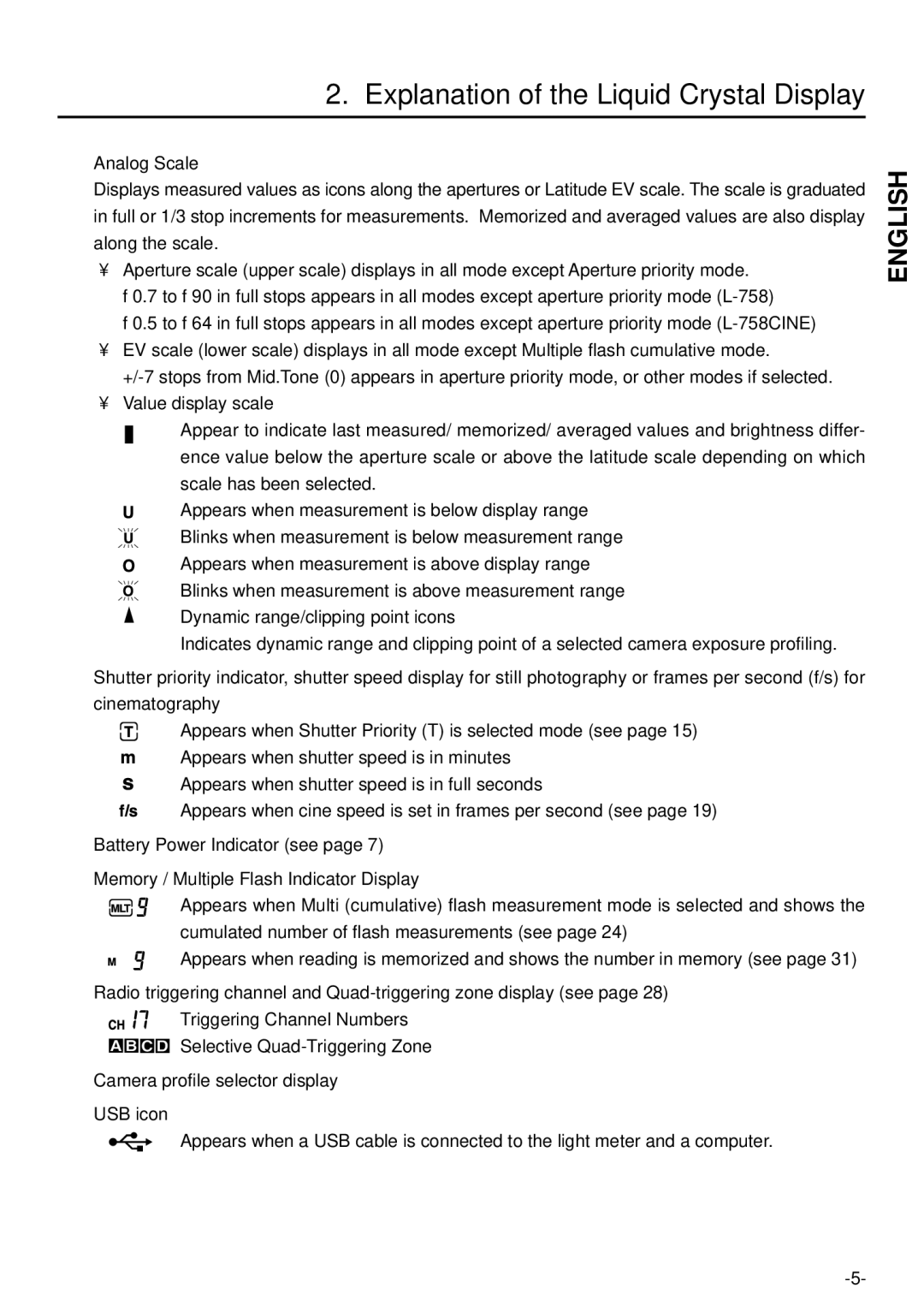 Sekonic L-758DR manual Explanation of the Liquid Crystal Display 