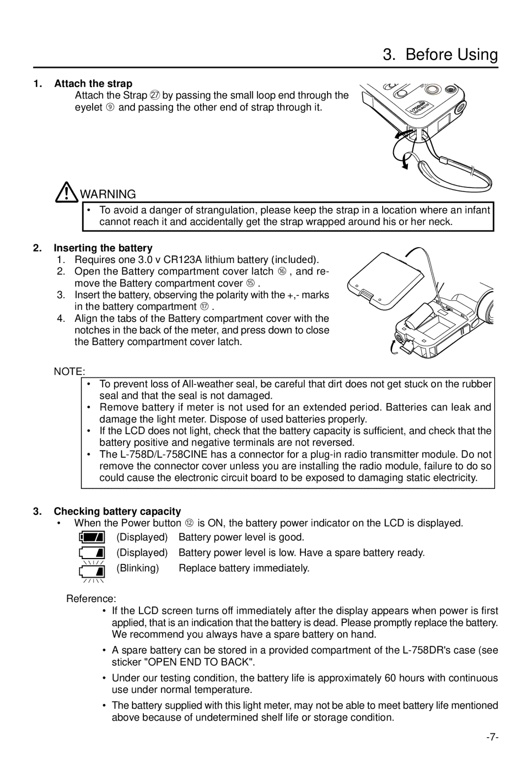 Sekonic L-758DR manual Before Using, Attach the strap, Inserting the battery, Checking battery capacity 