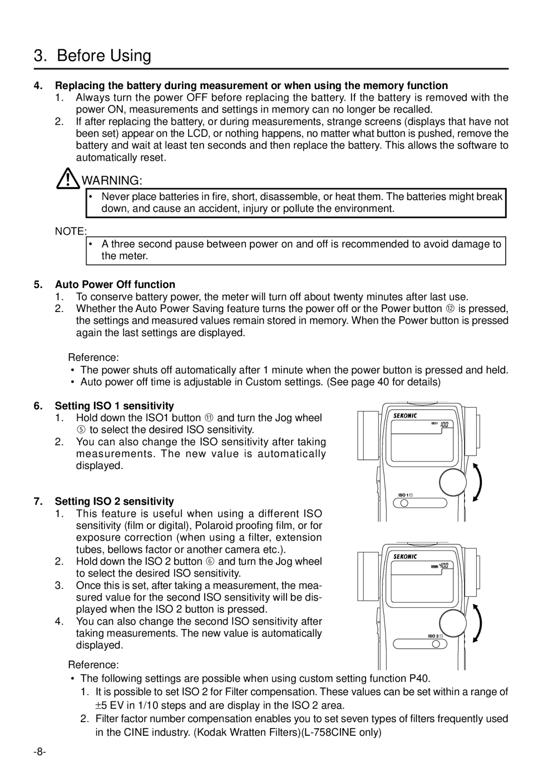 Sekonic L-758DR manual Auto Power Off function, Setting ISO 1 sensitivity, Setting ISO 2 sensitivity 