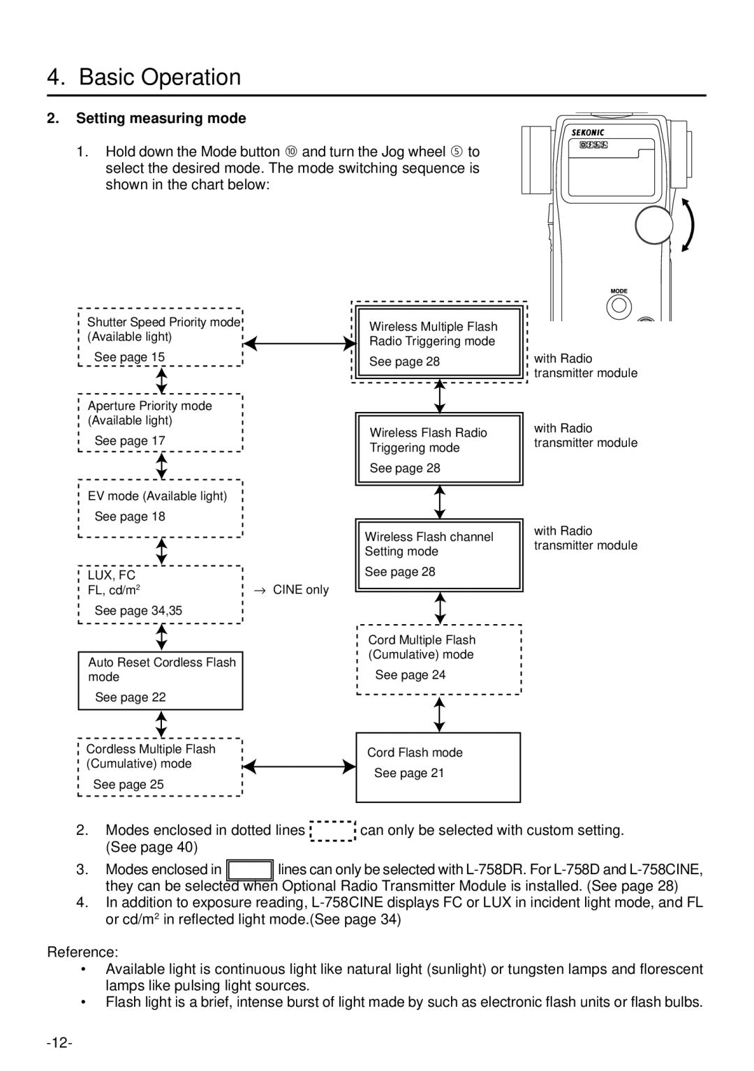 Sekonic L-758DR manual Setting measuring mode, Lux, Fc 