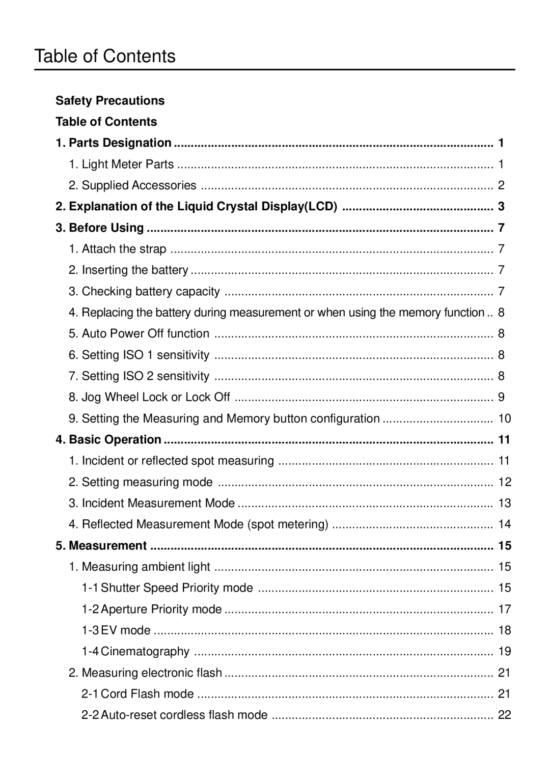 Sekonic L-758DR manual Table of Contents 