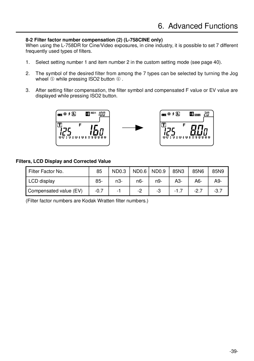 Sekonic L-758DR manual Filter factor number compensation 2 L-758CINE only, Filters, LCD Display and Corrected Value 