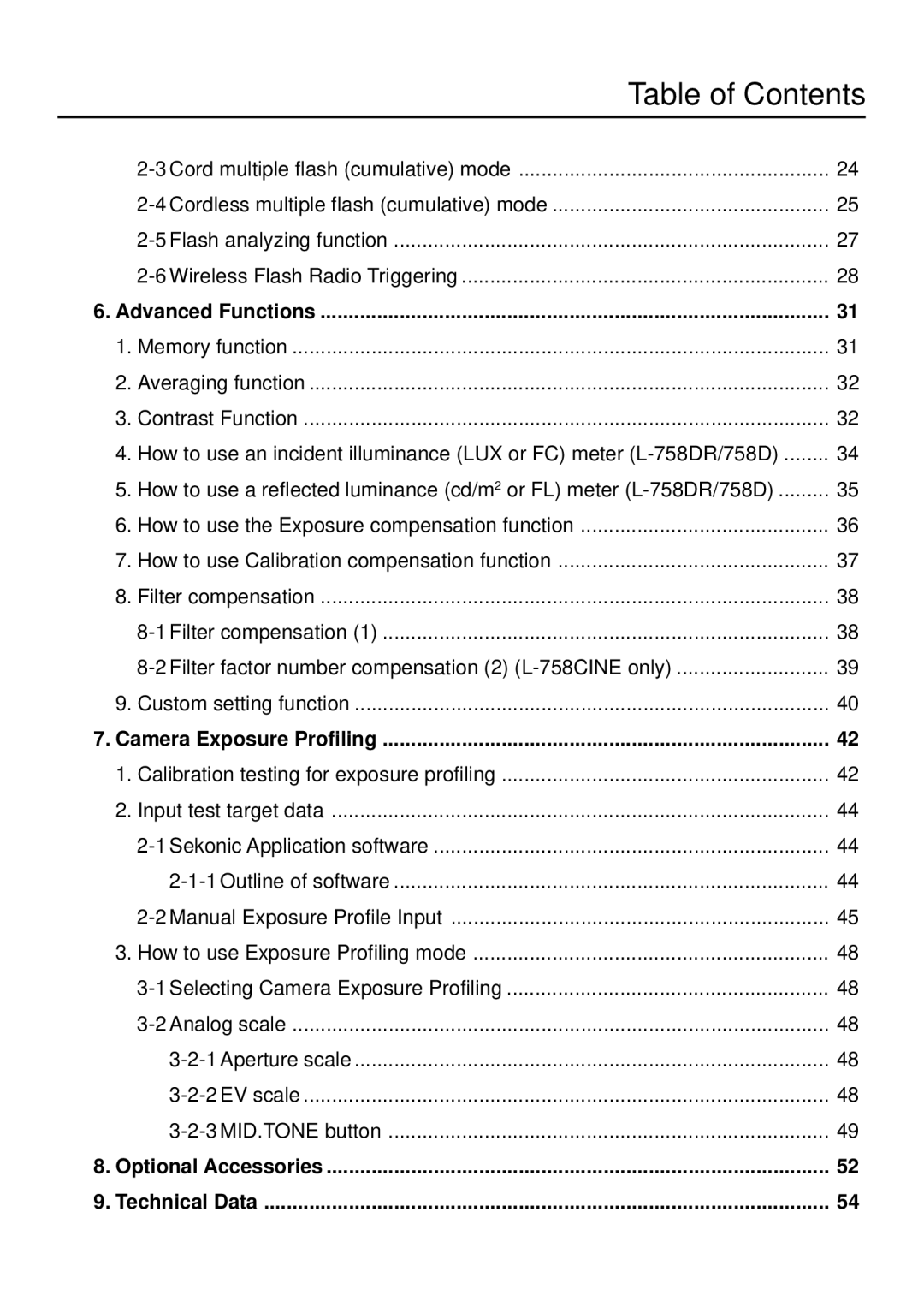 Sekonic L-758DR manual Optional Accessories Technical Data 