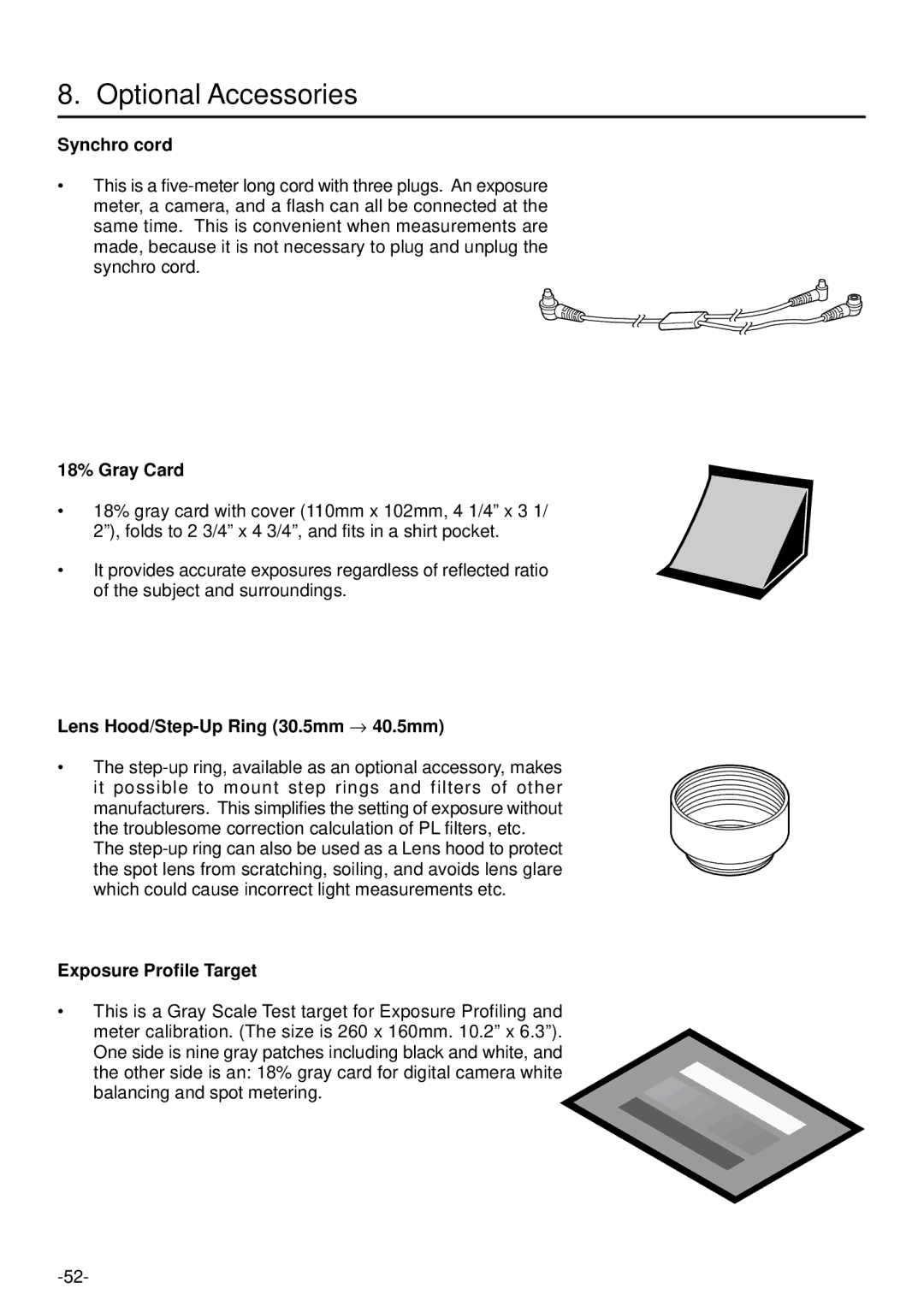 Sekonic L-758DR manual Optional Accessories, Synchro cord, 18% Gray Card, Lens Hood/Step-Up Ring 30.5mm → 40.5mm 