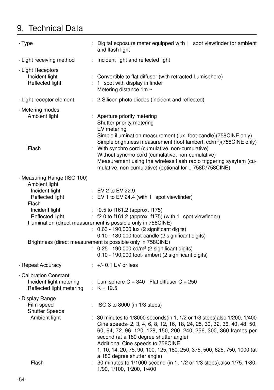 Sekonic L-758DR manual Technical Data 