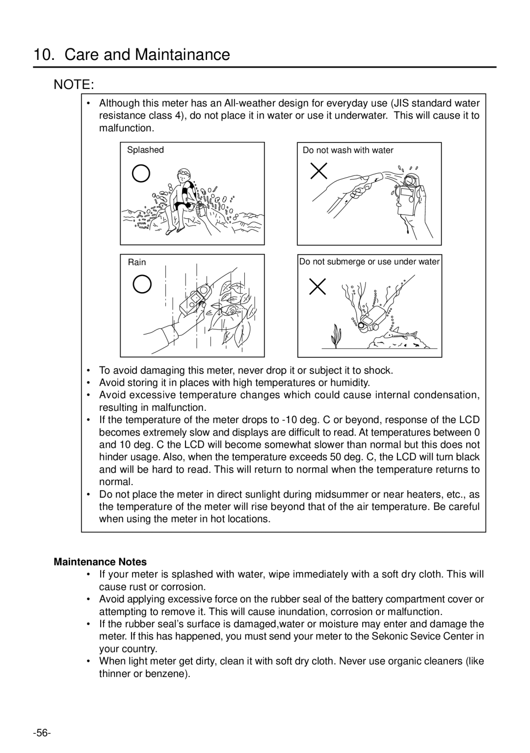 Sekonic L-758DR manual Care and Maintainance, Maintenance Notes 