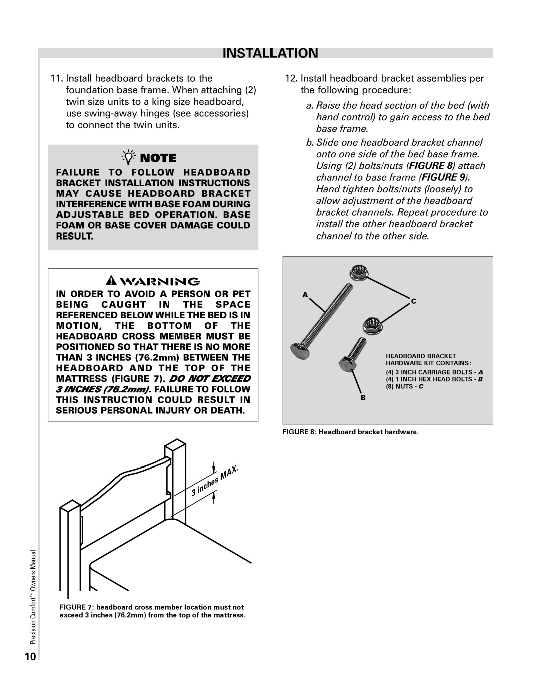 Select Comfort Precision Comfort Adjustable Foundation owner manual Headboard bracket hardware 