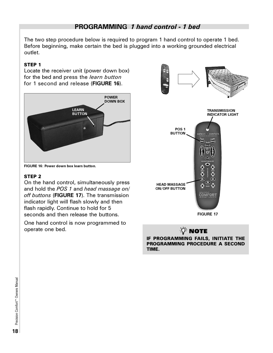 Select Comfort Precision Comfort Adjustable Foundation owner manual Programming 1 hand control 1 bed 