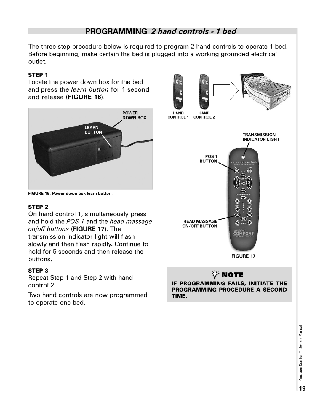 Select Comfort Precision Comfort Adjustable Foundation owner manual Programming 2 hand controls 1 bed 