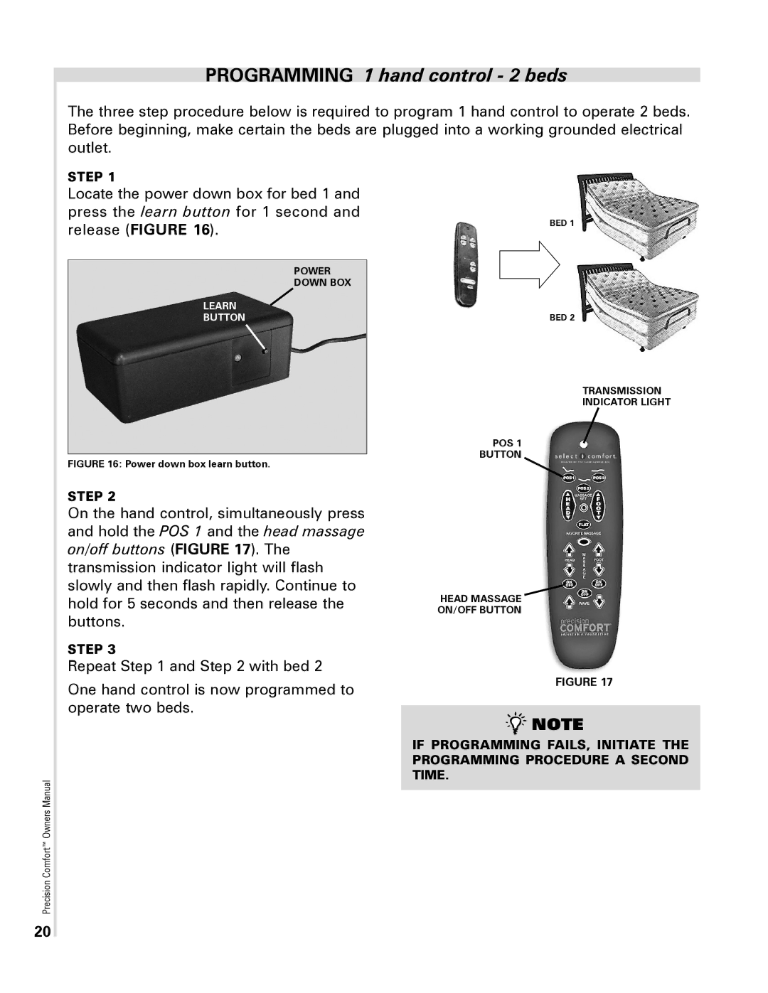 Select Comfort Precision Comfort Adjustable Foundation owner manual Programming 1 hand control 2 beds 