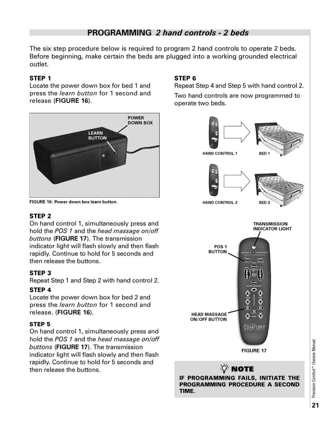 Select Comfort Precision Comfort Adjustable Foundation owner manual Programming 2 hand controls 2 beds 
