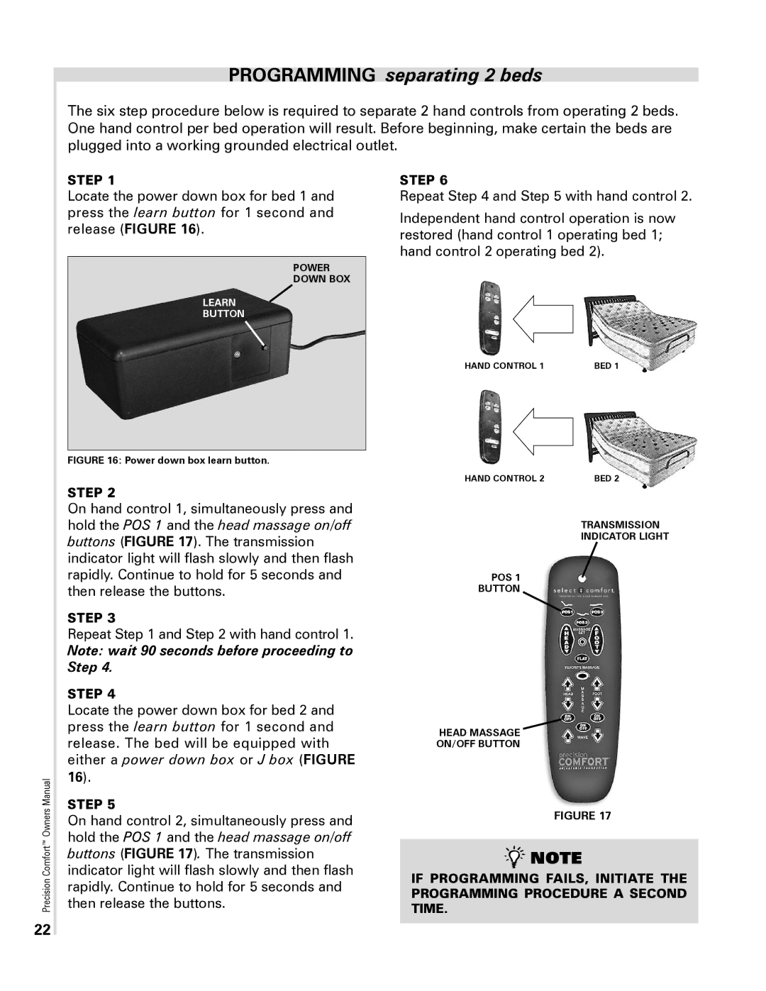 Select Comfort Precision Comfort Adjustable Foundation owner manual Programming separating 2 beds 