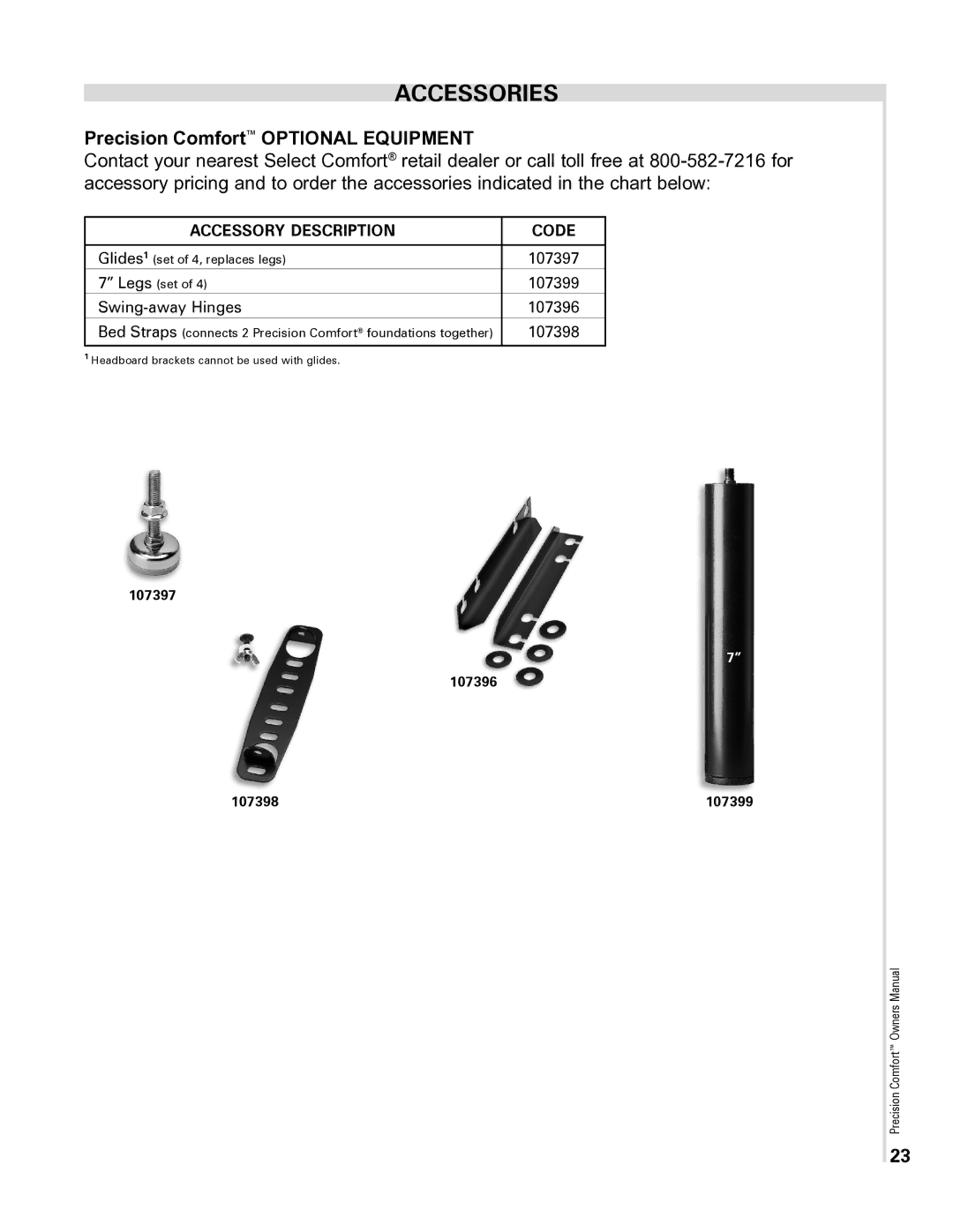 Select Comfort Precision Comfort Adjustable Foundation owner manual Accessories, Precision Comfort Optional Equipment 