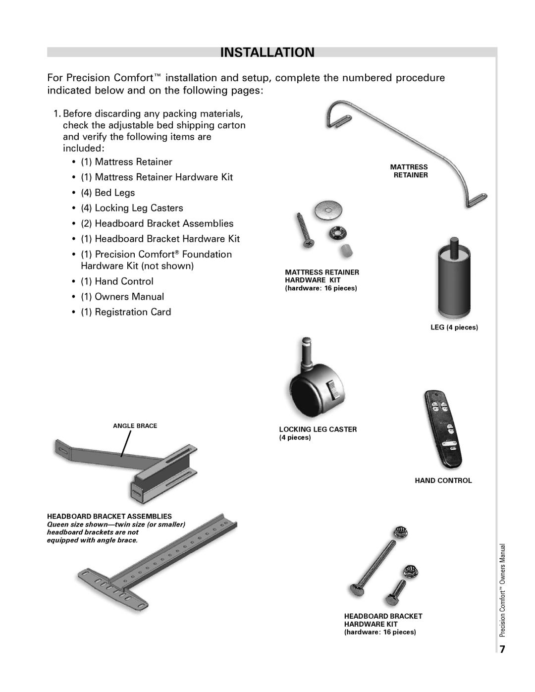 Select Comfort Precision Comfort Adjustable Foundation owner manual Installation, Equipped with angle brace 