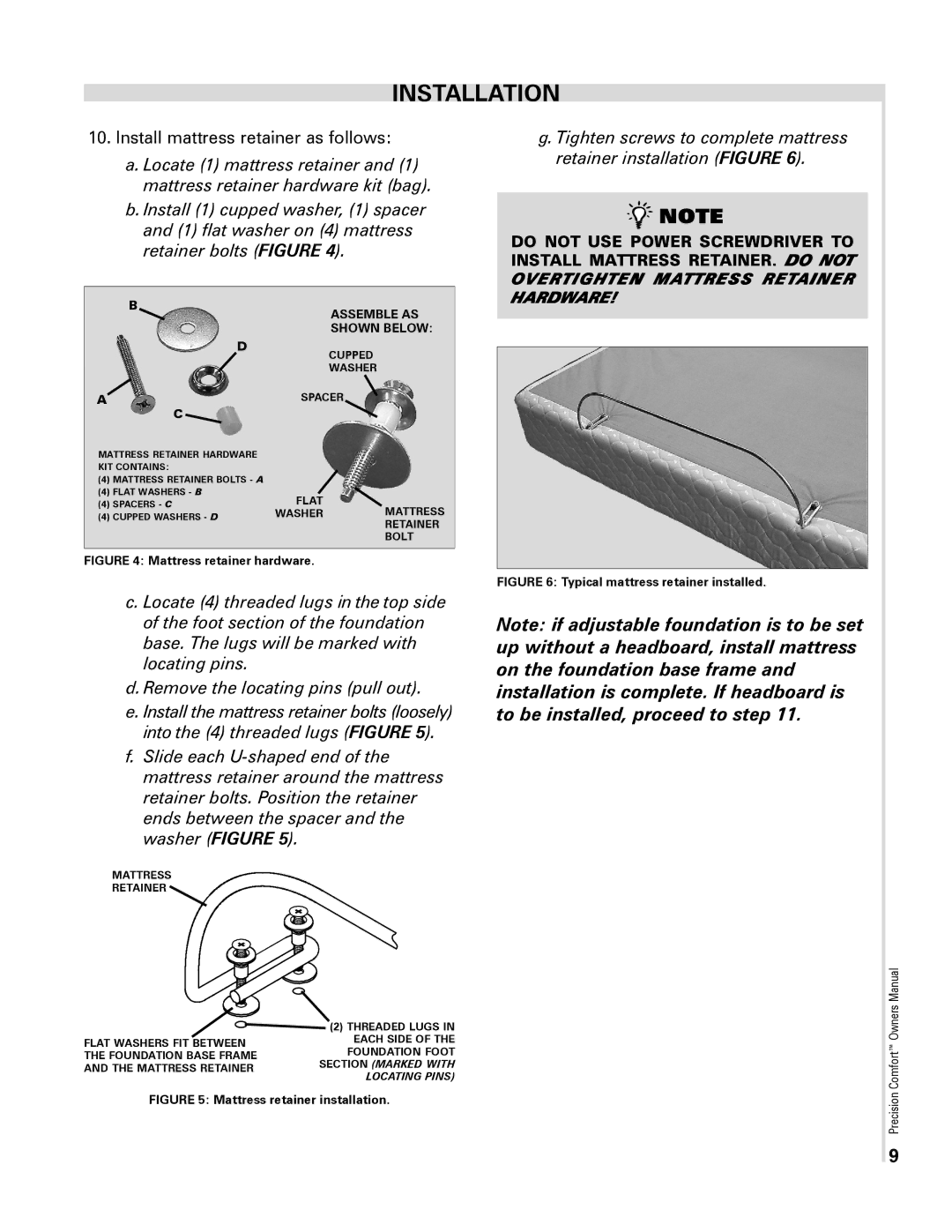 Select Comfort Precision Comfort Adjustable Foundation owner manual Install mattress retainer as follows 