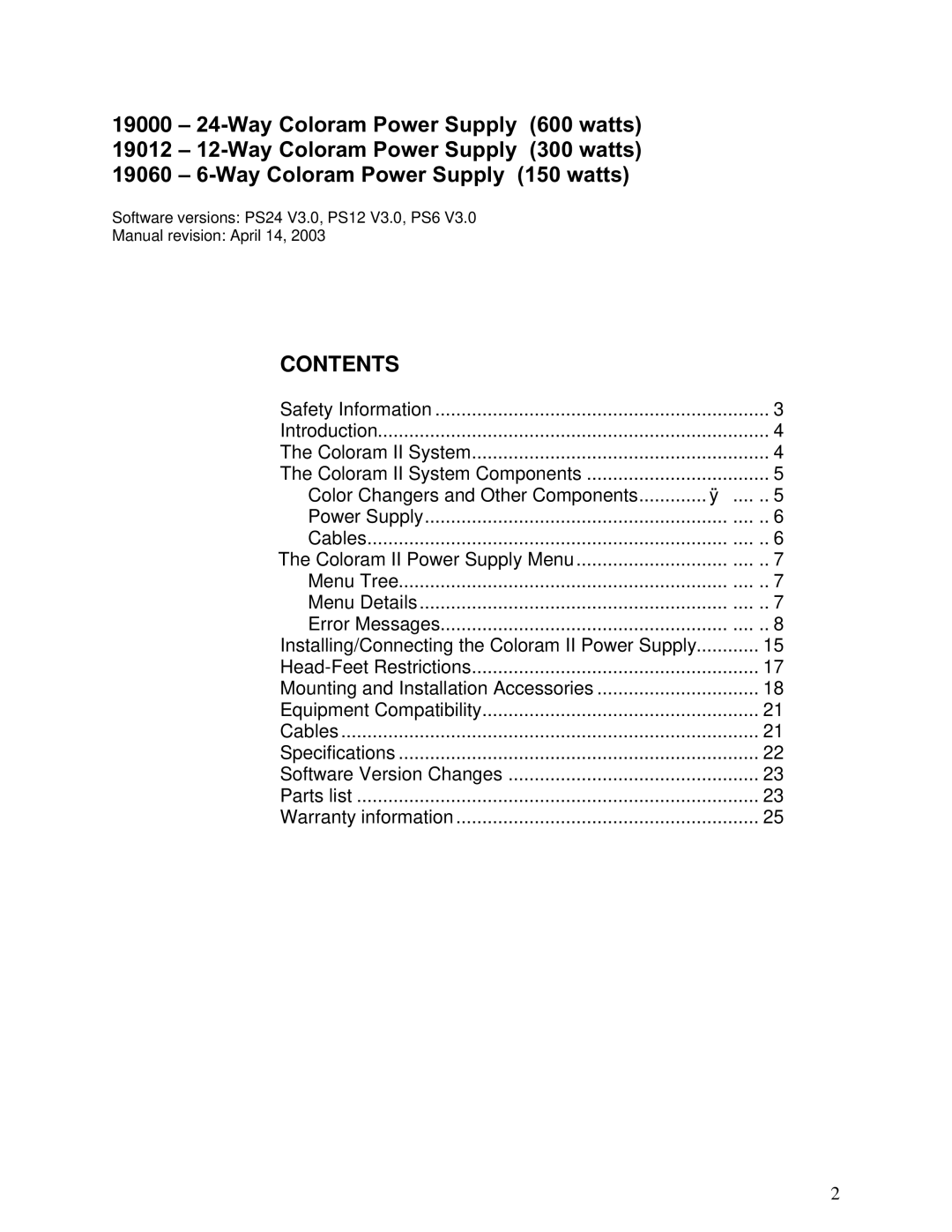 Select Products II manual Contents 