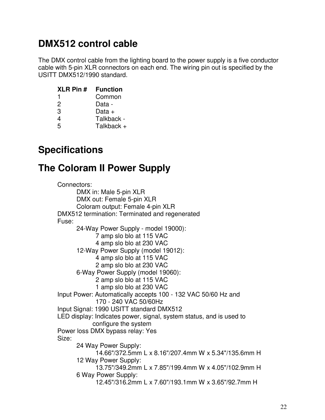 Select Products manual DMX512 control cable, Specifications Coloram II Power Supply 