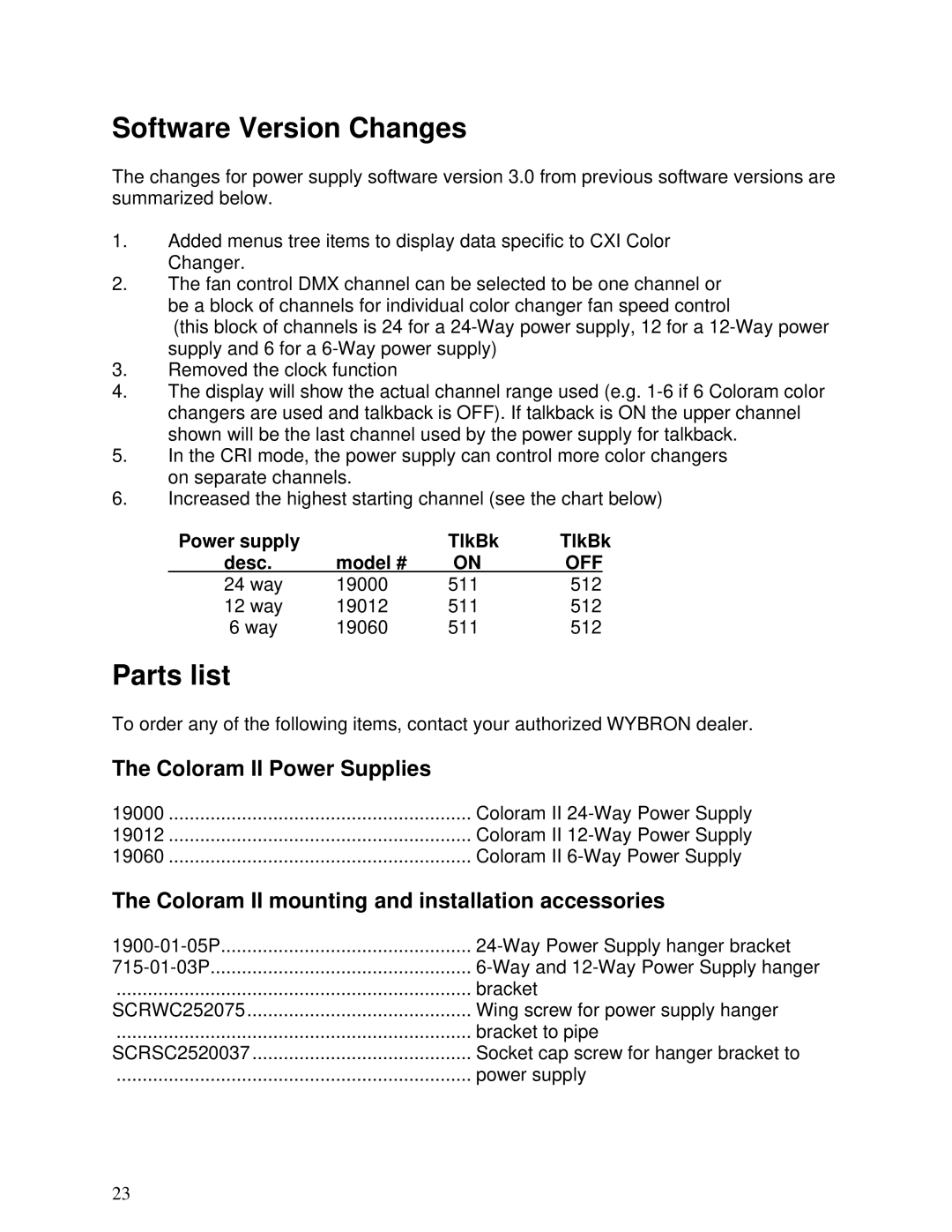 Select Products manual Software Version Changes, Parts list, Coloram II Power Supplies 