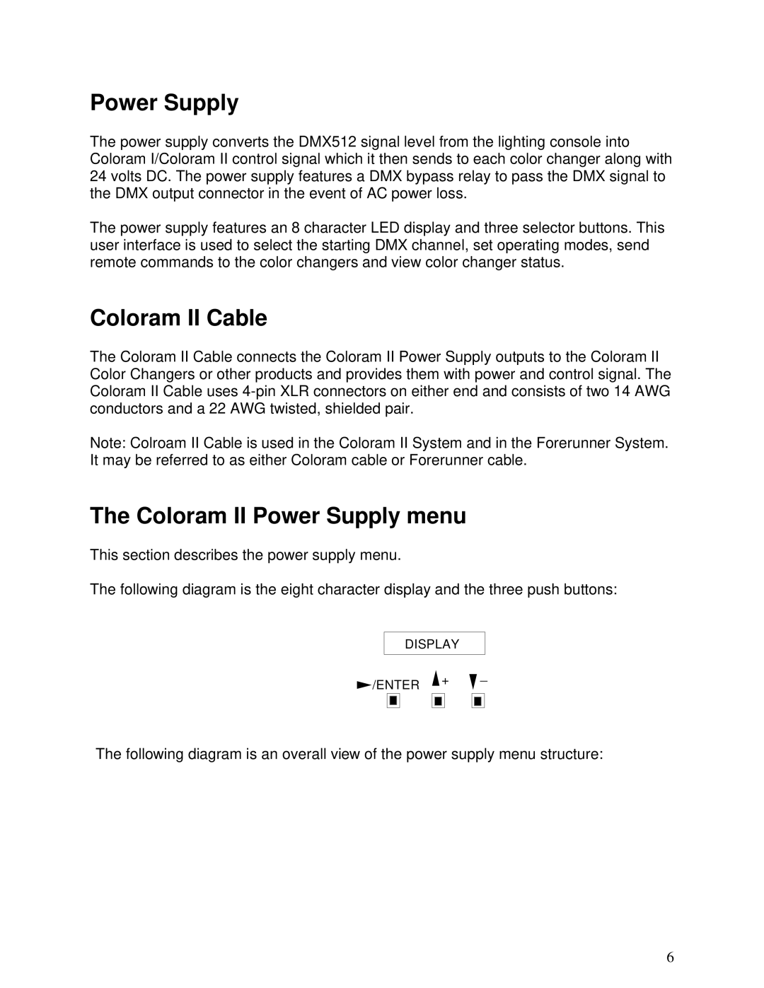 Select Products manual Coloram II Cable, Coloram II Power Supply menu 