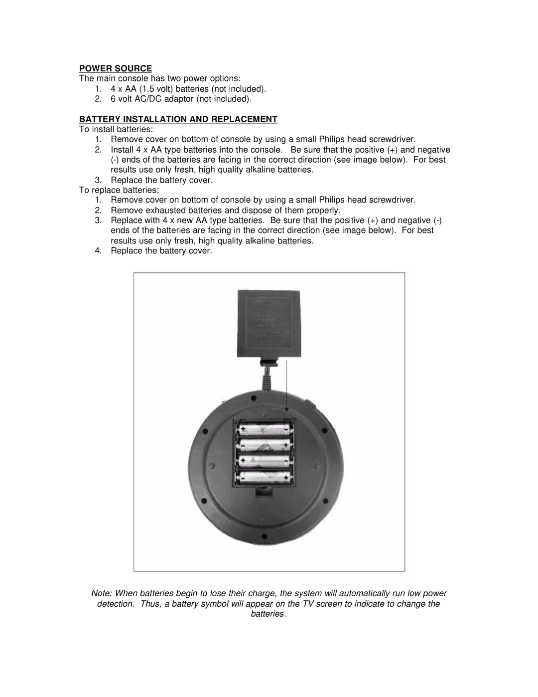 Senario 20894 manual Power Source, Battery Installation and Replacement 