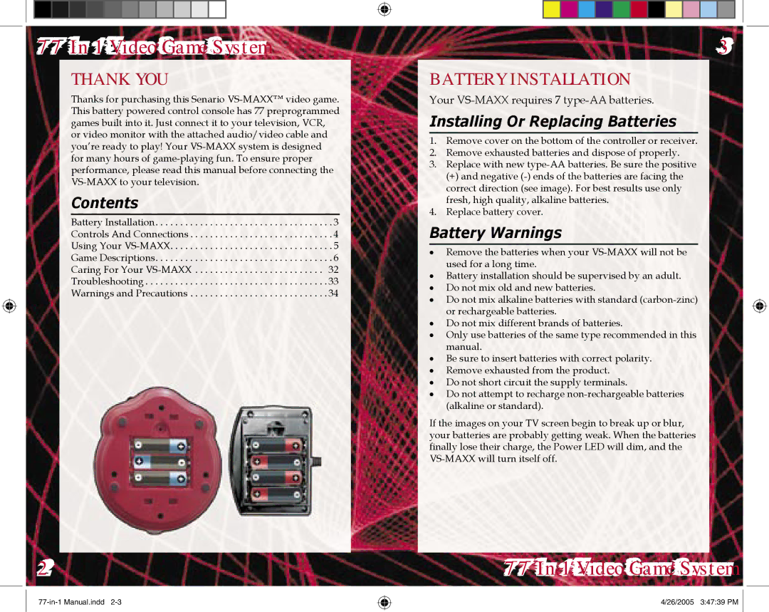 Senario 21105 manual Contents, Installing Or Replacing Batteries, Battery Warnings 