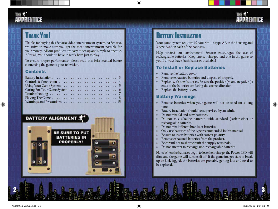 Senario THE APPRENTICE manual Thank YOU, Battery Installation, Contents, To Install or Replace Batteries, Battery Warnings 