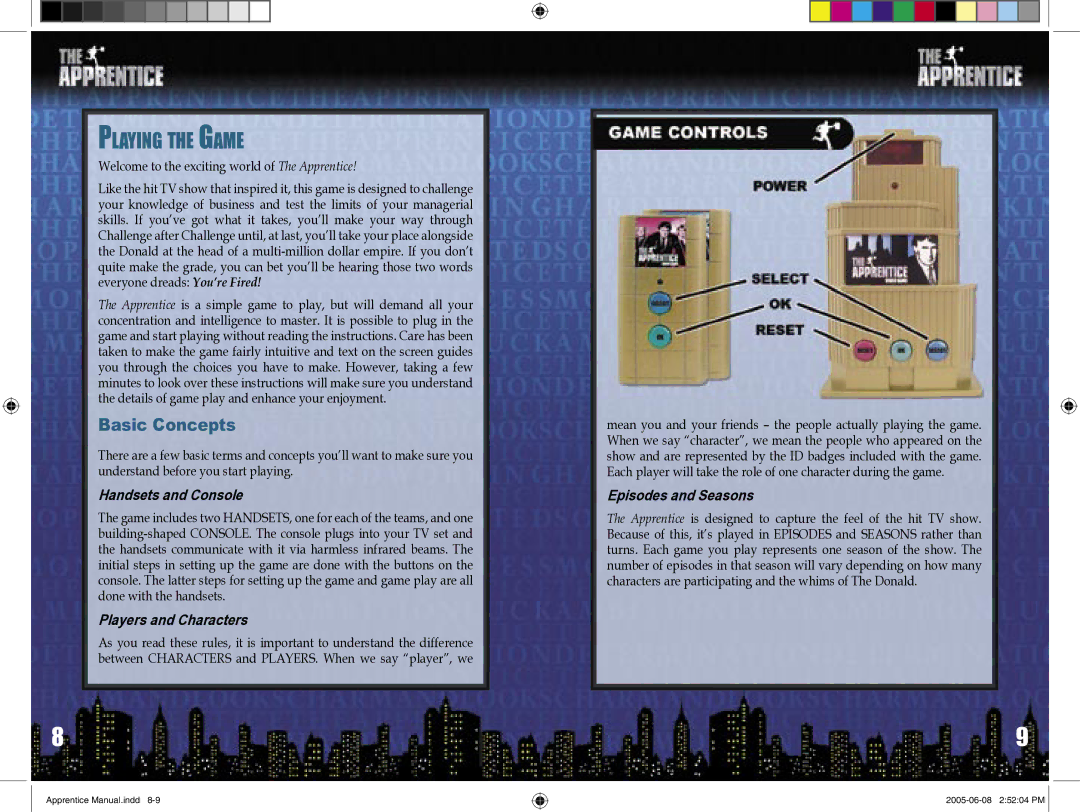 Senario THE APPRENTICE manual Playing the Game, Basic Concepts, Handsets and Console, Players and Characters 