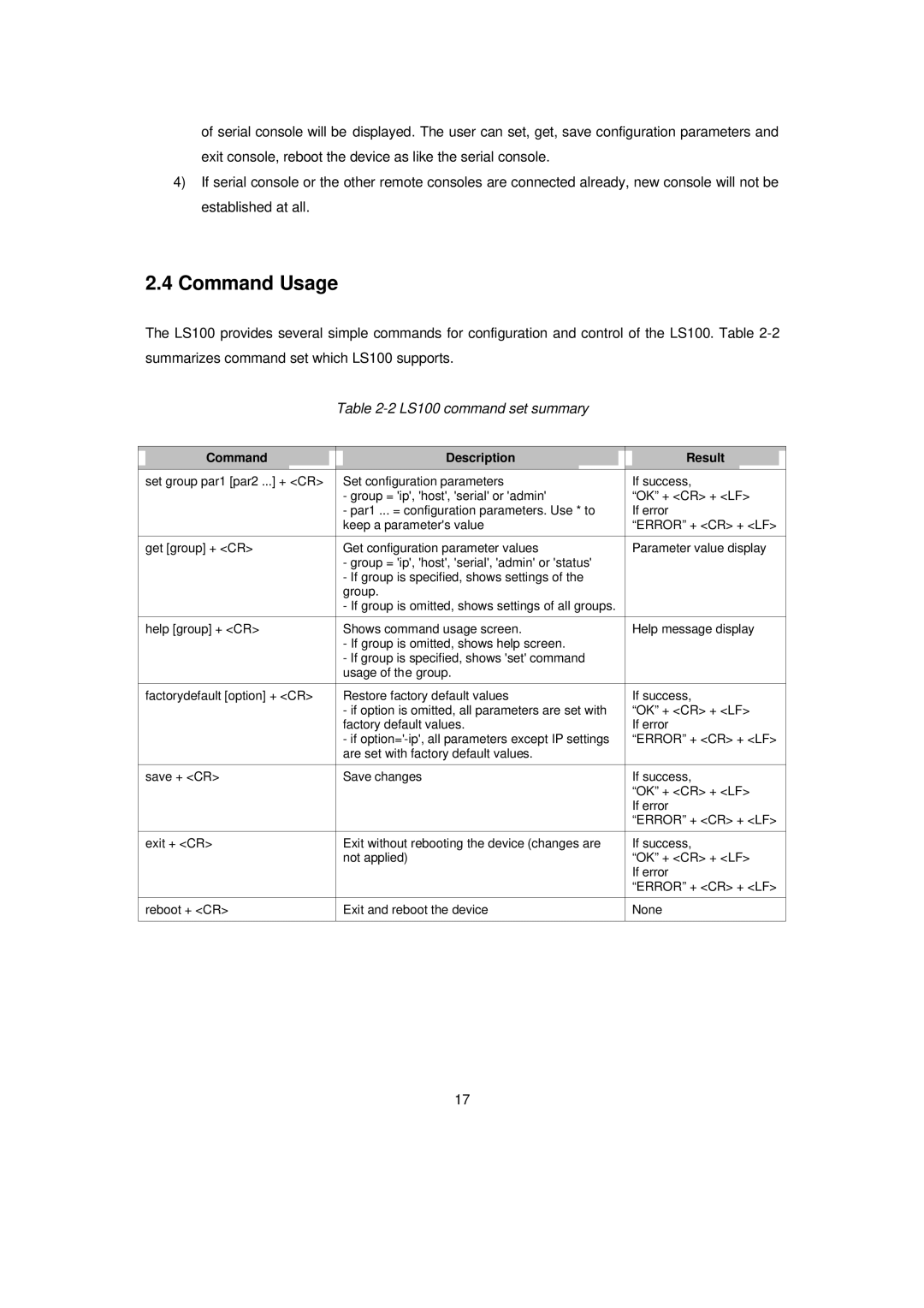 Senatek manual Command Usage, LS100 command set summary 