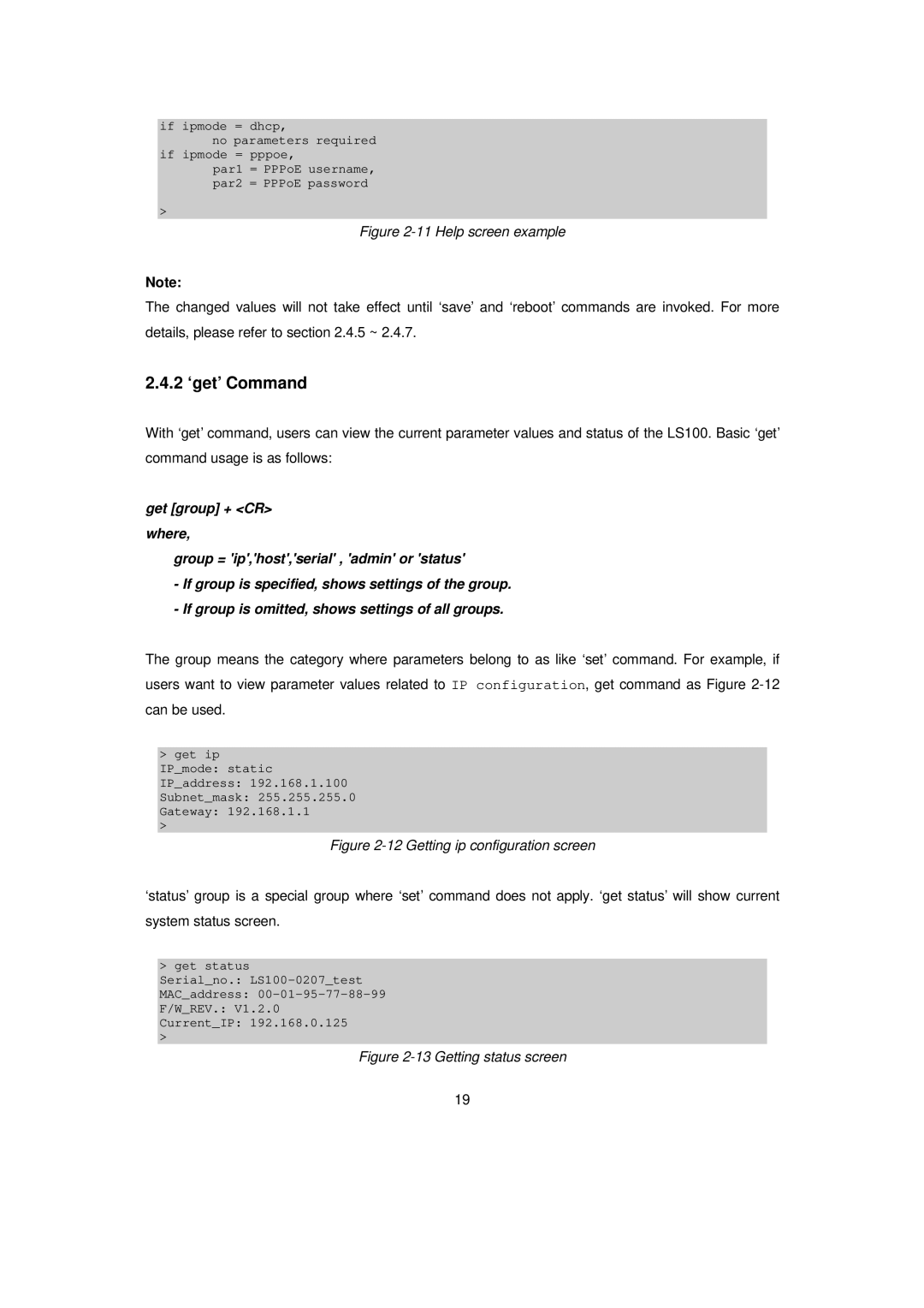 Senatek LS100 manual 2 ‘get’ Command, Help screen example 