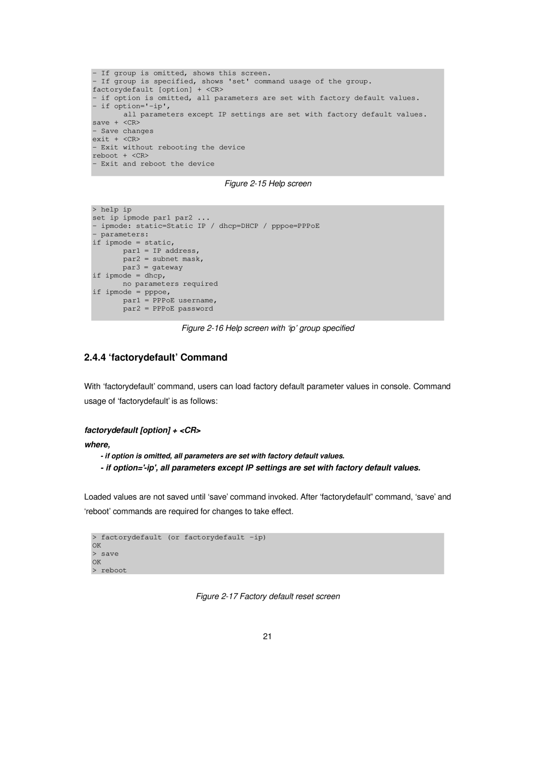 Senatek LS100 manual 4 ‘factorydefault’ Command, Help screen 