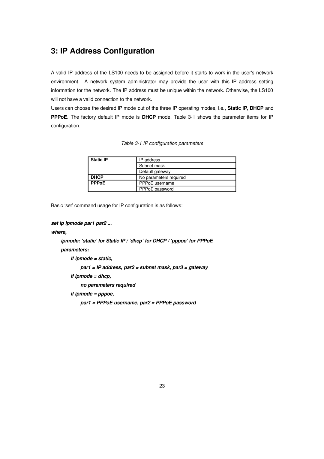 Senatek LS100 manual IP Address Configuration, IP configuration parameters 