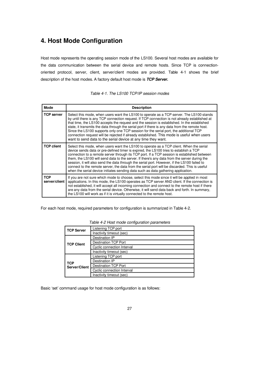 Senatek manual Host Mode Configuration, LS100 TCP/IP session modes, Host mode configuration parameters 