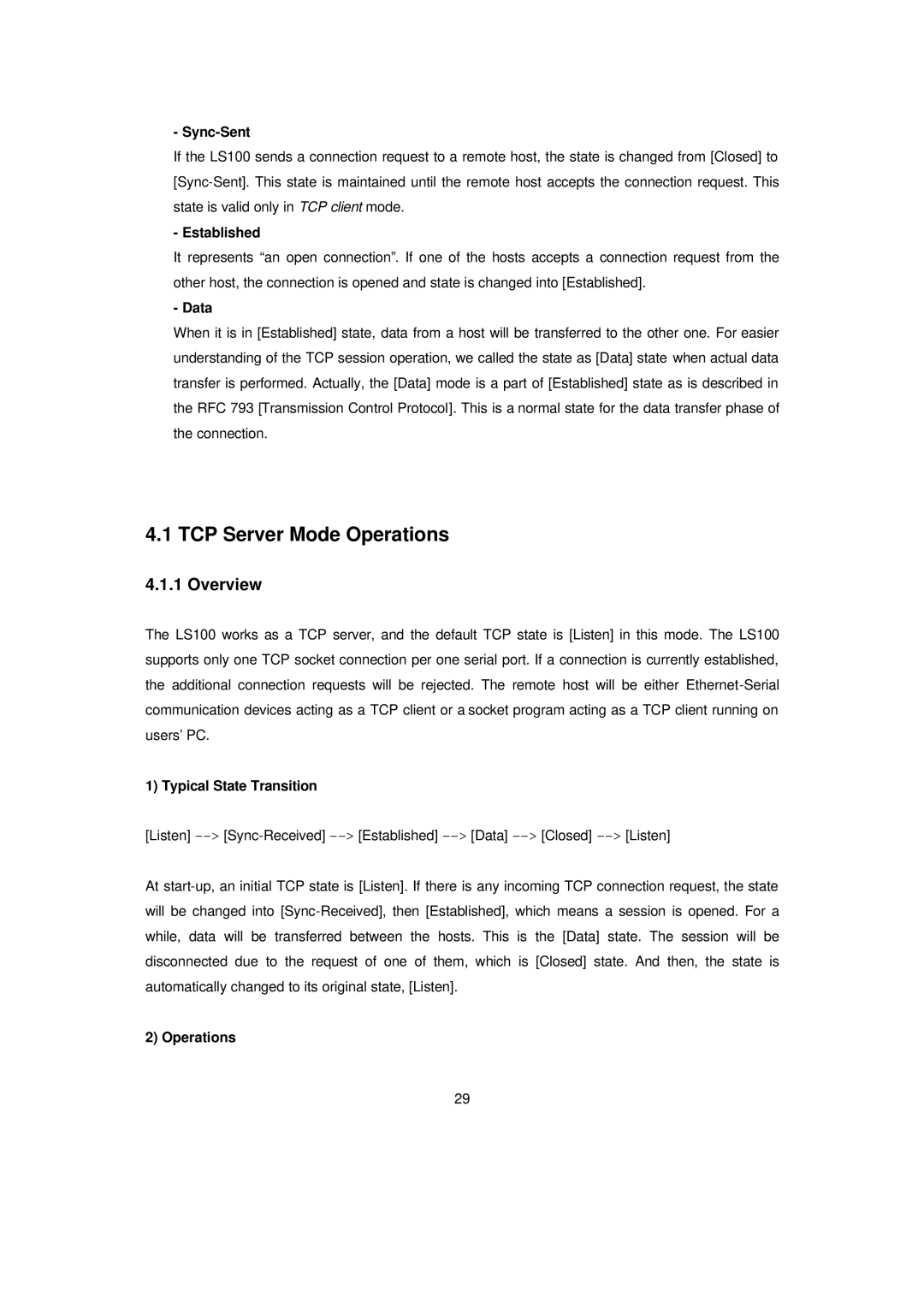 Senatek LS100 manual TCP Server Mode Operations, Sync-Sent 