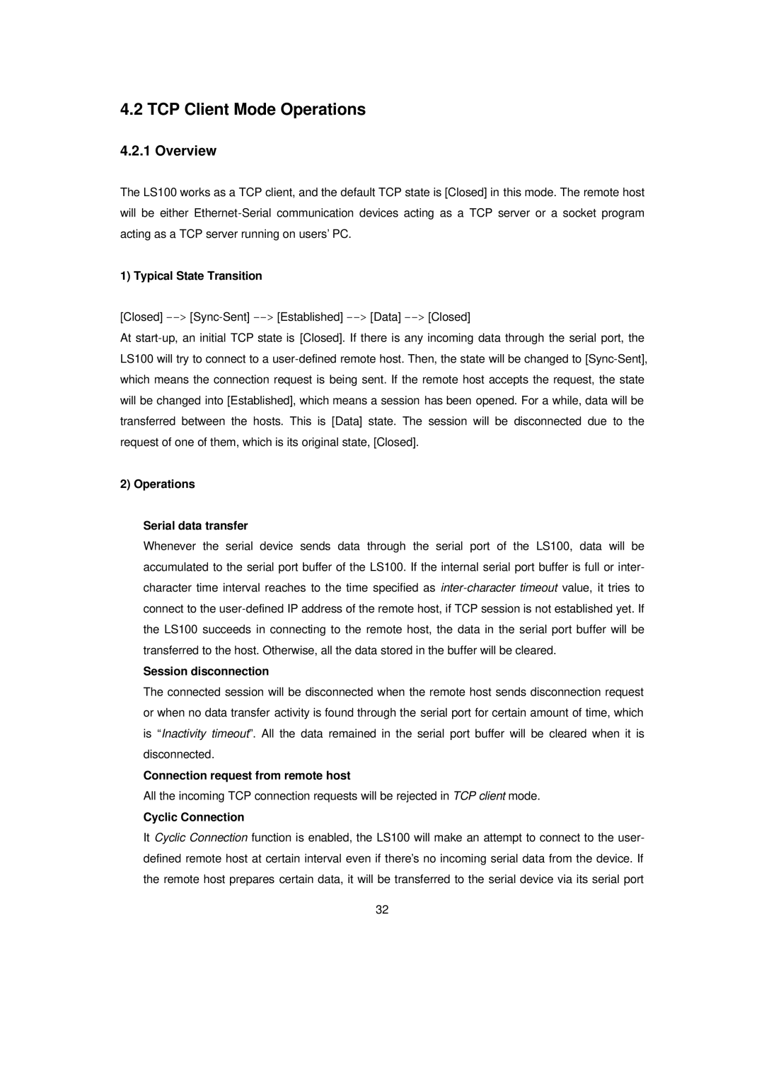 Senatek LS100 manual TCP Client Mode Operations, Operations Serial data transfer 