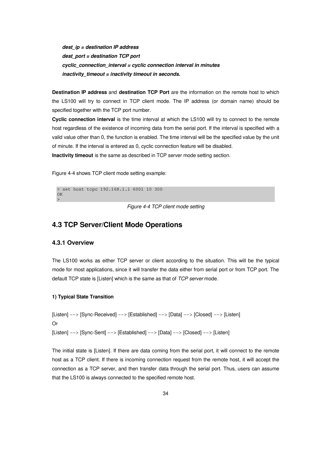 Senatek LS100 manual TCP Server/Client Mode Operations, TCP client mode setting 