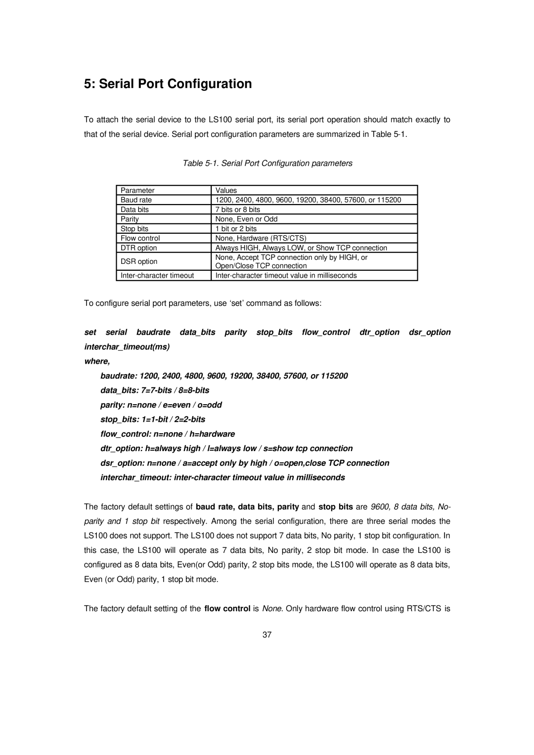 Senatek LS100 manual Serial Port Configuration parameters 