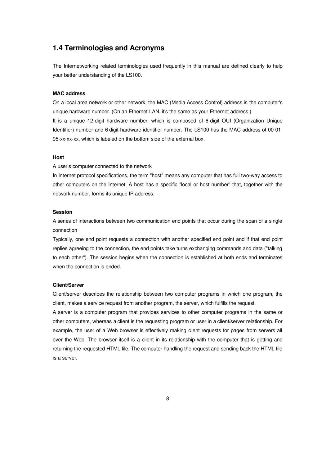 Senatek LS100 manual Terminologies and Acronyms, MAC address 