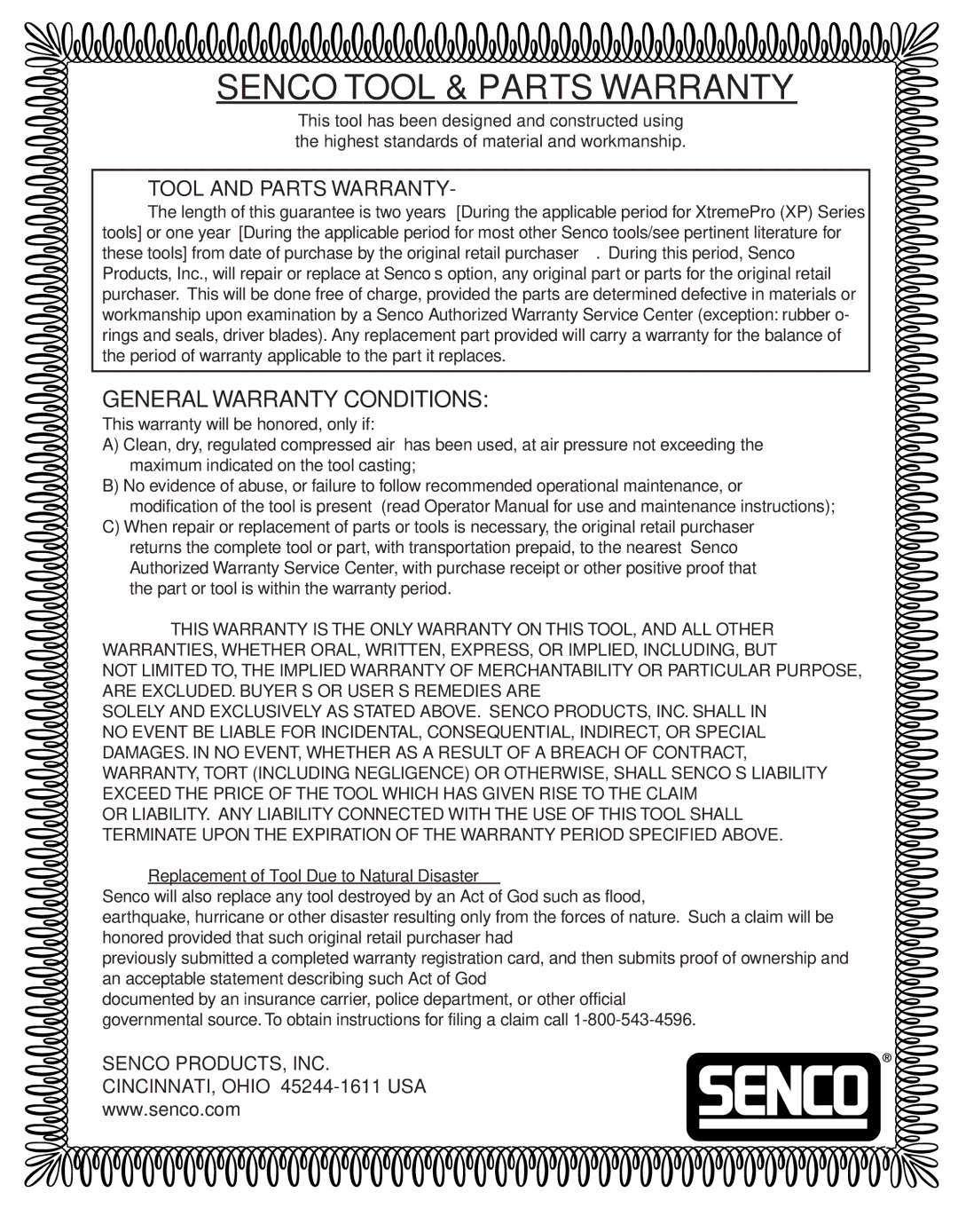 Senco 18, 15, 10 manual Senco Tool & Parts Warranty 