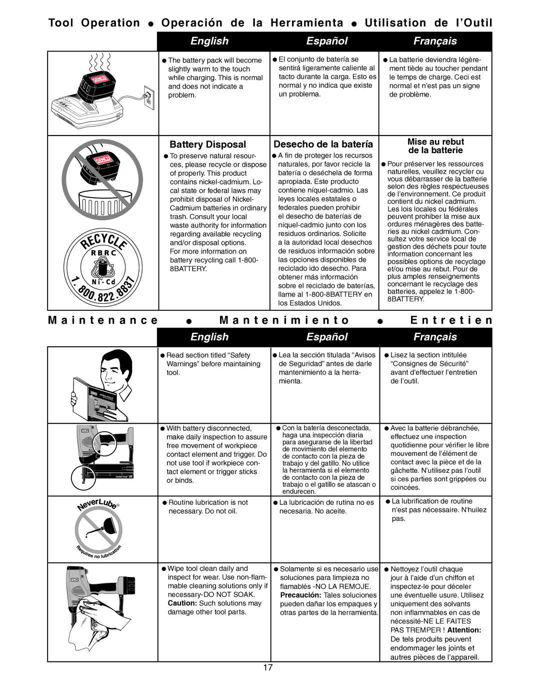 Senco 25 I n t e n a n c e N t e n i m i e n t o T r e t i e n, Battery Disposal Desecho de la batería 