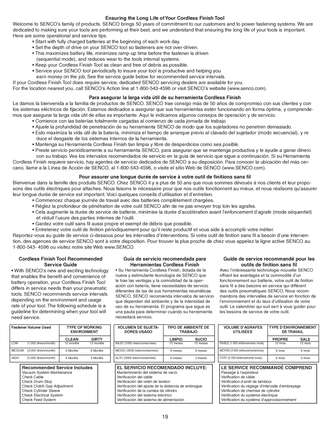 Senco 25 Recommended Service Includes, EL Servicio Recomendado Incluye, LE Service Recommandé Comprend 