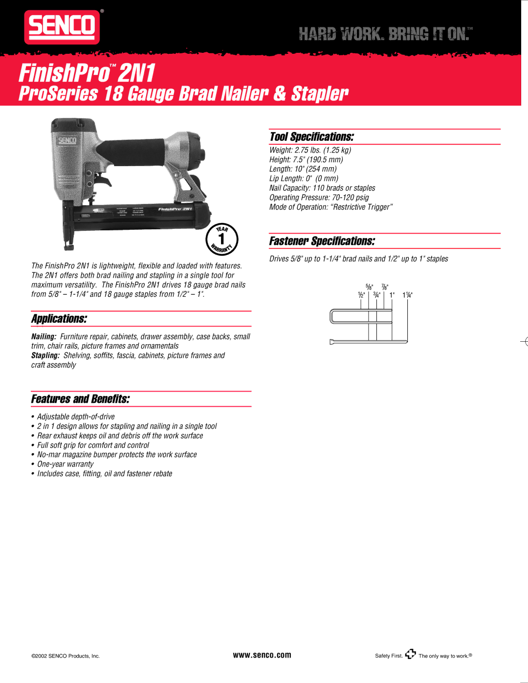 Senco specifications FinishPro 2N1, ProSeries 18 Gauge Brad Nailer & Stapler 