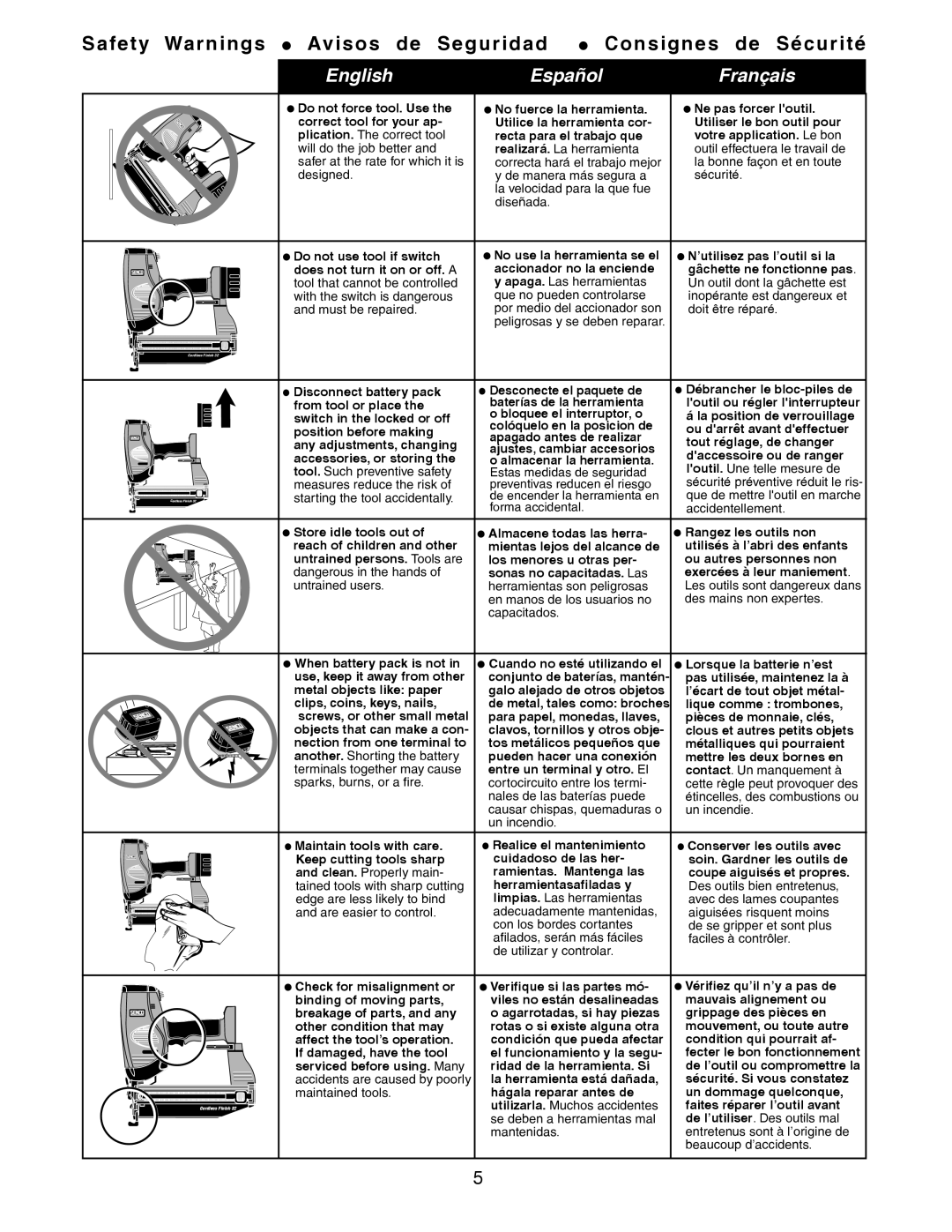 Senco 32  N’utilisez pas l’outil si la, Does not turn it on or off. a Accionador no la enciende, Metal objects like paper 